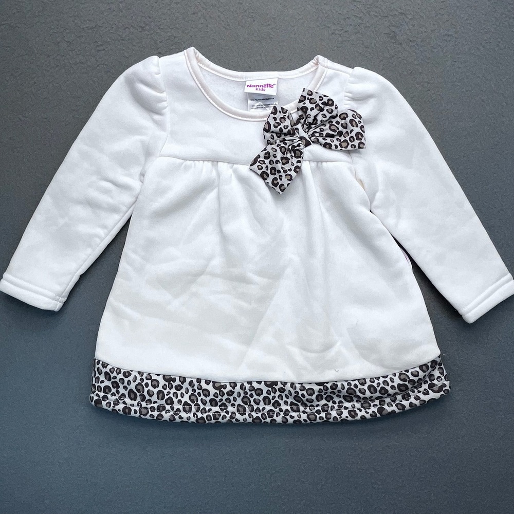 NWT Nannette‎ Kid Baby Girls White Leopard Print Bow Fleece Tunic 18M babycore